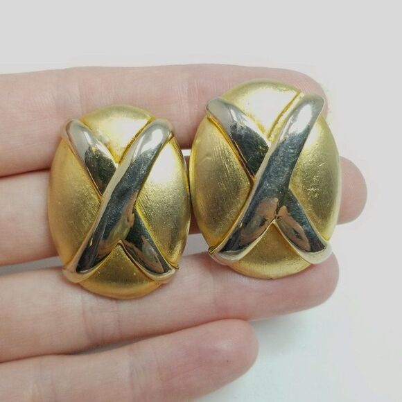 Vintage Big Gold Tone X Oval Clip On Earrings, Retro 80s Style Design, Estate - Picture 6 of 6